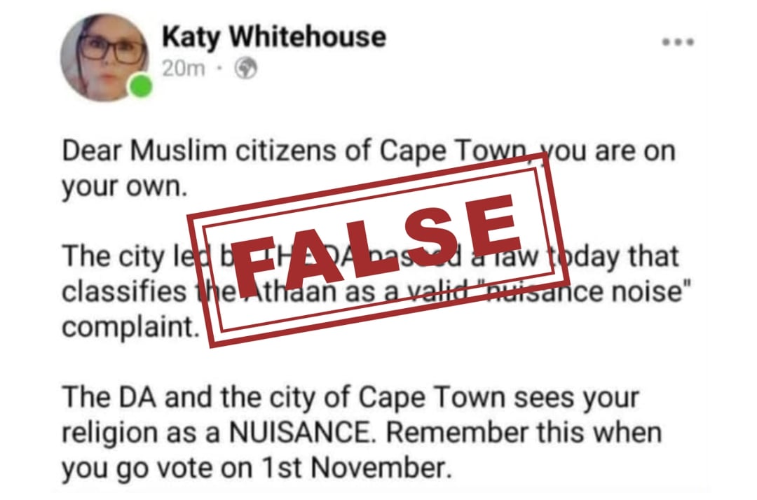 Comment nous avons retracé l'alerte Facebook trompeuse concernant un règlement municipal du Cap affectant l'appel à la prière